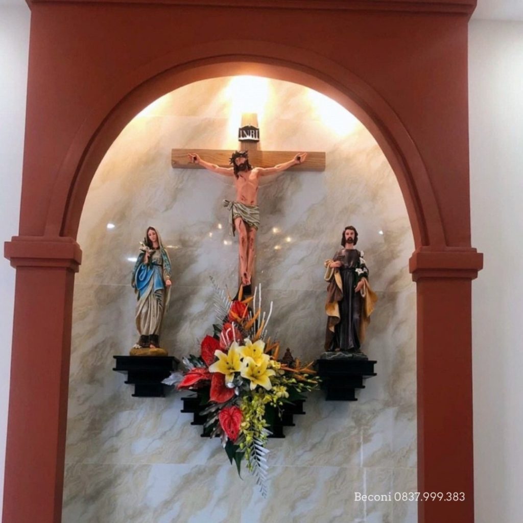 Mẫu Bàn Thờ Công Giáo ( Bàn Thờ Chúa, Bàn Thờ Thiên Chúa và Bàn Thờ Gia Tiên) mẫu đẹp được Beconi Việt Nam chế tác. Lắp đặt và thi công cho khách hàng ở Hà Nội, ở Tp Hồ Chí Minh (TPHCM), Đồng Nai, Đà Nẵng, Cần Thơ, Đắk Lắk … hỗ trợ giao tận nơi và luôn miễn phí chi phí vận chuyển.